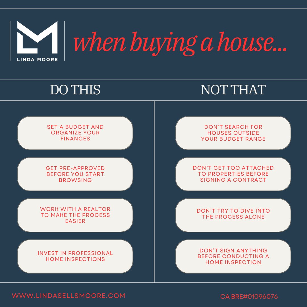 LindaMooreSells's tweet image. 🏠 Do this, not that!
✅ Do: Get pre-approved.
❌ Don’t: Skip the home inspection.
Smart moves make happy homeowners! 💡 #HomeBuyingTips #DoThisNotThat