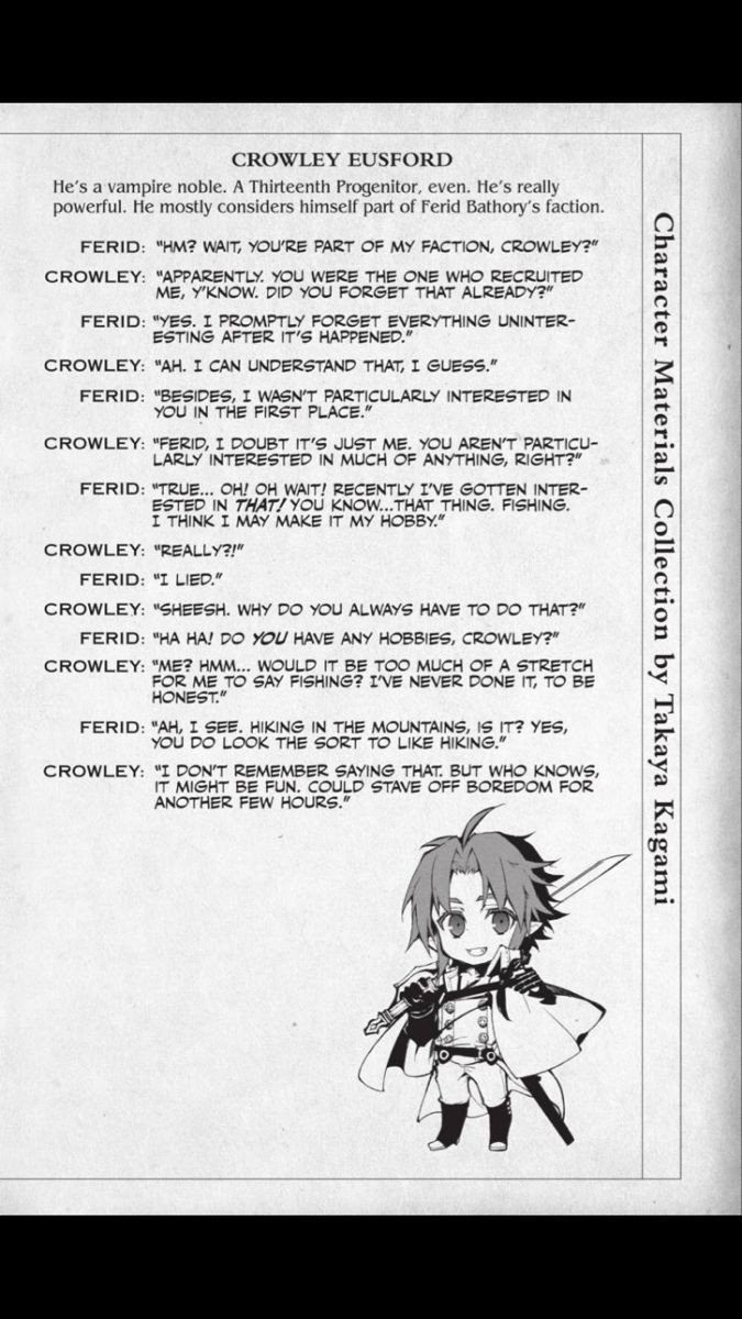 Mad666Love's tweet photo. Idk if you remember those little presentations at the end of the mangas,when they presented the characters with a little story. It was so silly and cute,I miss it very much😭💔
#crowleyeusford #feridbathory #chessbelle #hornskuld #OwariNoSeraph #seraphoftheend #終わりのセラフ https://t.co/a6QzneK05s
