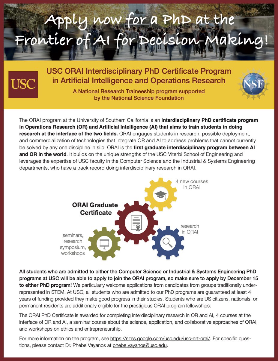 USC Interdisciplinary PhD Program in AI and OR (@usc_orai) on Twitter photo Apply now <a href="/USC/">USC</a> <a href="/USCViterbi/">USC Viterbi School</a> <a href="/USC_ORAI/">USC Interdisciplinary PhD Program in AI and OR</a> for a PhD at the Frontier of AI for Decision-Making!
We particularly welcome applications from candidates from groups traditionally underrepresented in STEM fields.
For more info: sites.google.com/usc.edu/usc-nr…
Deadline: December 15, 2024 Apply now <a href="/USC/">USC</a> <a href="/USCViterbi/">USC Viterbi School</a> <a href="/USC_ORAI/">USC Interdisciplinary PhD Program in AI and OR</a> for a PhD at the Frontier of AI for Decision-Making!
We particularly welcome applications from candidates from groups traditionally underrepresented in STEM fields.
For more info: sites.google.com/usc.edu/usc-nr…
Deadline: December 15, 2024