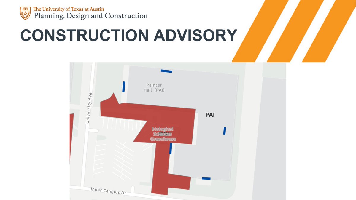 UTOperations's tweet photo. 🚧CONSTRUCTION ADVISORY: There will be temporary impacts to the entrances of Painter Hall (PAI) due to construction activity from December 16, 2024, to April 30, 2025. Learn more: https://t.co/ofRIlCPT8J https://t.co/jkaJF5MFMs