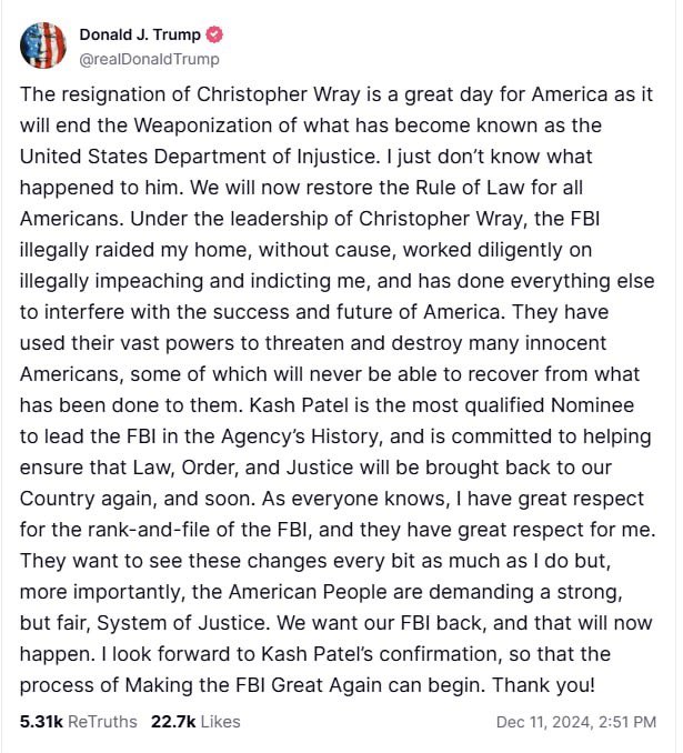 ArchKennedy's tweet image. TRUMP: WHEN KASH PATEL IS CONFIMED WE WILL BEGIN THE PROCESS OF MAKING THE FBI GREAT AGAIN 💪🇺🇸

#ChristopherWray #ChrisWray