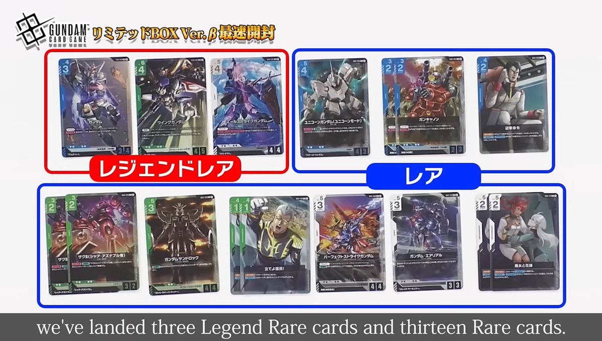 Gundam TCG Edition Beta Pull Rates Sample from 1 box.  4 Legend Rares (1  guaranteed per box)  13 Rares Also noticed that the LR's pulled are not  the alt arts
