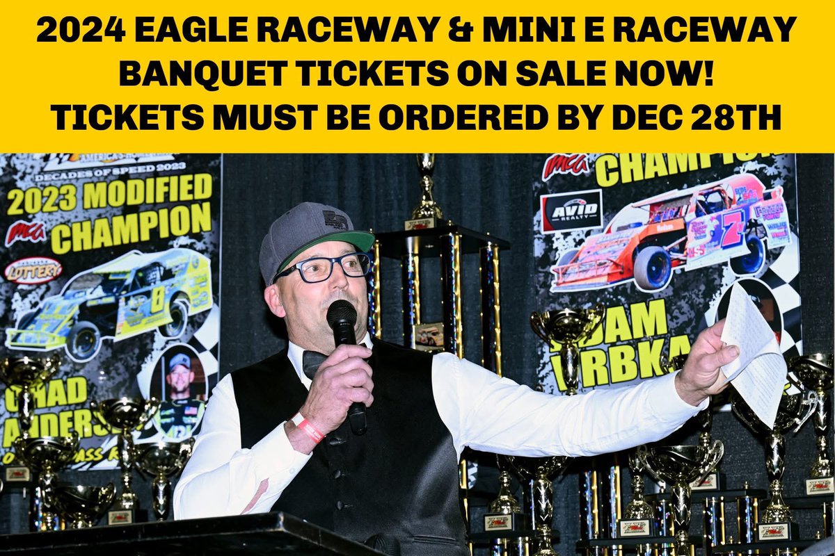 Eagle Raceway &amp; Mini E Raceway 2024 Awards Banquet tickets are now for sale on the website. Visit eagleraceway.com/EagleRaceway/e… for banquet info and to order tickets.