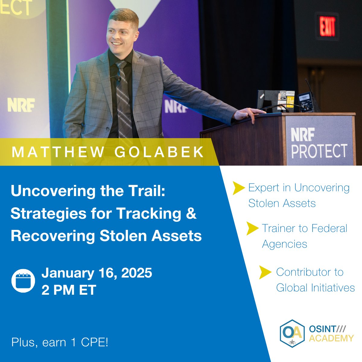 Matthew Golabek, an expert in fraud investigations, is leading a webinar on asset recovery!🕵️

Learn how to trace stolen assets, break down media for leads, and build an efficient investigation tool kit.

👉 Register now: osintacademy.com/2025-January-W…

#OSINT #Fraud #Webinar