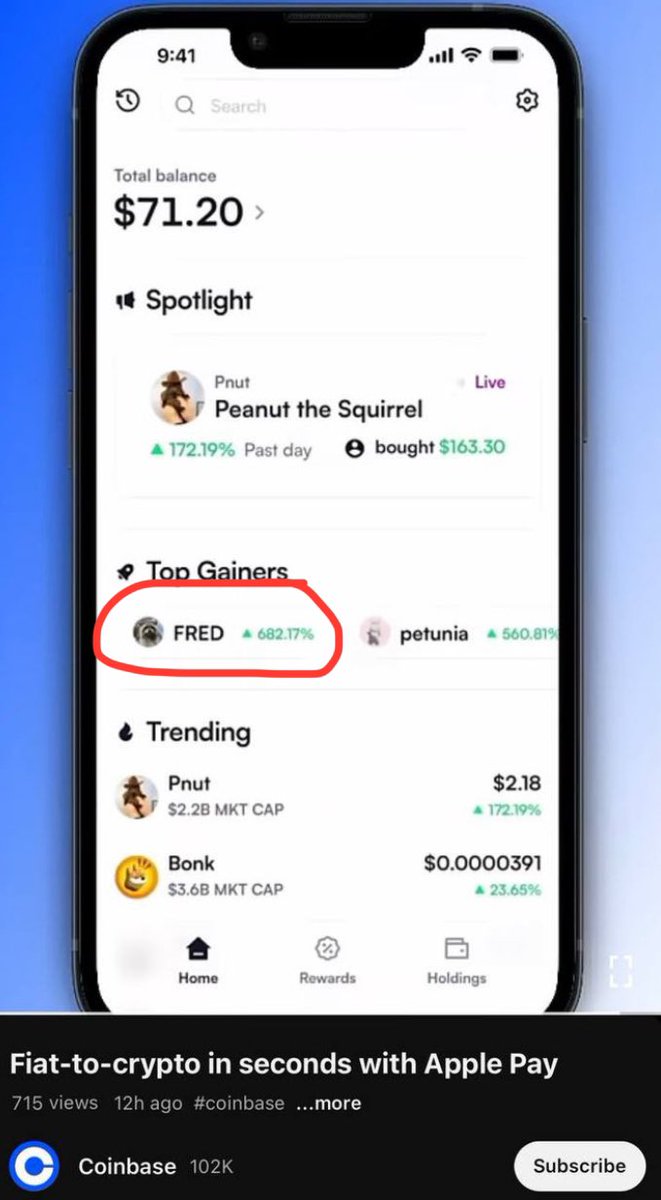 whimsicar9's tweet photo. there are two possible scenarios when it comes to the future of our $FRED 🦝

scenario 1
multiple tier1 cex listings are very near, boosting $FRED market cap and volume making it apeal to @binance and @coinbase

scenario 2
$FRED softshilling from @elonmusk means that @binance is very near and @coinbase will list 🥜🐿️ and $FRED at the same time which would explain their test buy today and their apple pay advertisment with 🐿️&🦝 in it

or i’m completly wrong and $FRED goes to @binance and @coinbase with $PNUT anyways because there is enough evidence and they have god-like narrative ✌️