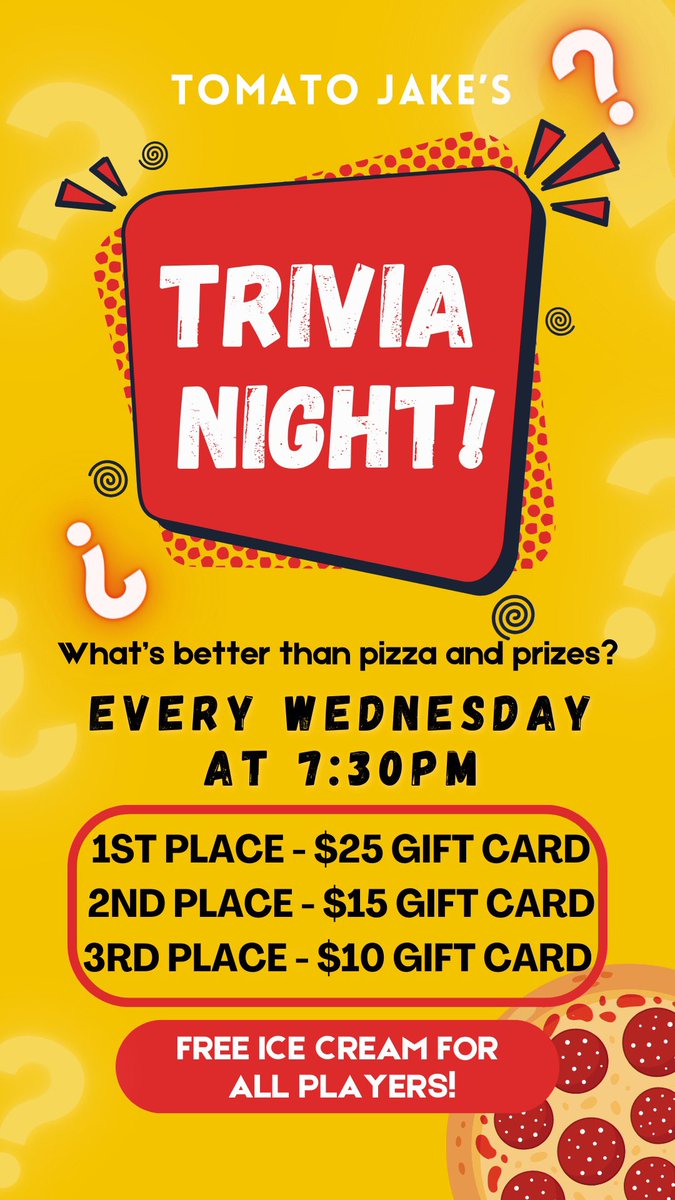 tomatojakes's tweet photo. HAPPY TRIVIA NIGHT! Tonight (Weds) at 7:30pm, as always. See you soon!😉

#trivianight #tomatojakes #tomatojakestrivia #streetsatsouthpoint #renaissancevillage #eatlocal #supportsmallbiz #southpointmall #pizzalover #pizzatime #trivia #triviatime #triviaprizes https://t.co/F7o674NMoY