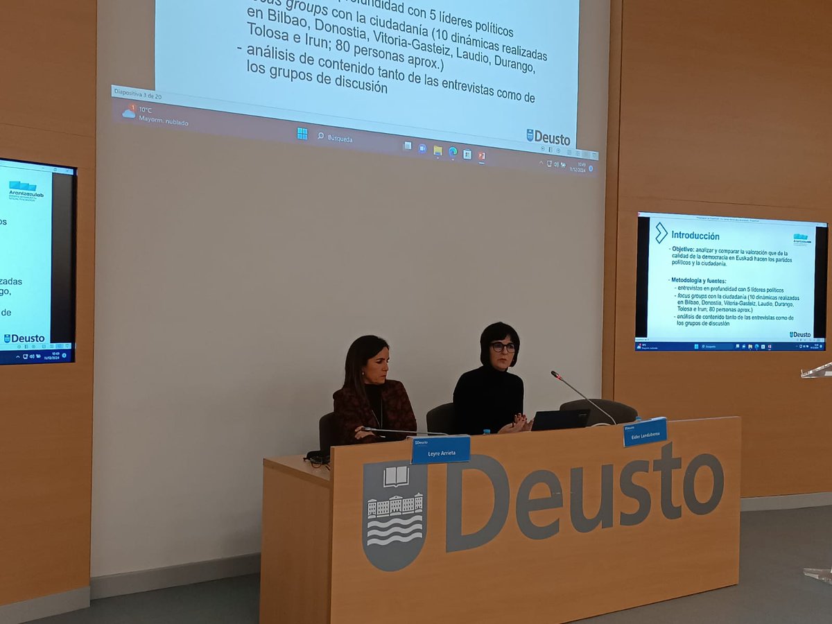 AnaGarciaz6's tweet photo. Gaur goizean @deusto ko Unibertsitateko Komunikazio Ikertaldeak eta Euskal Institutuak antolatuta, demokraziaren gaineko nazioarteko jaurdunaldiaren bigarren saioa izan dugu. Argazkian @eiderlan eta biok @arantzazulab ekin egindako ikerketa aurkezten @deustoKom https://t.co/VneulAwjOA