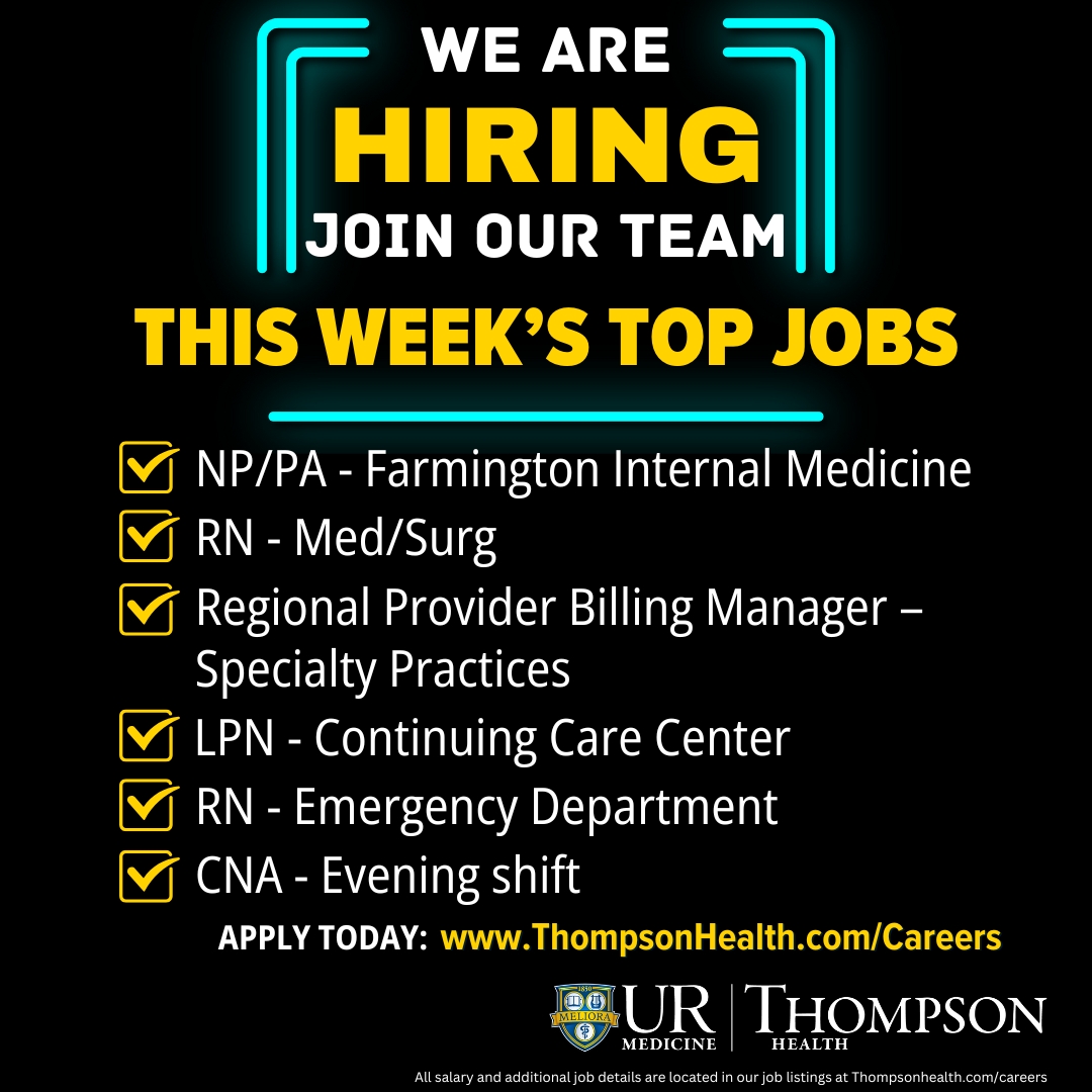 ThompsonCareers's tweet image. Looking to make a real difference? Check out this week’s featured jobs and find a place where your compassion and skills can shine. Your journey starts here: ThompsonHealth.com/Careers.
#RNJobs #CNA #ERNursing #NPJobs #JobsinCanandaigua #ThompsonHealth