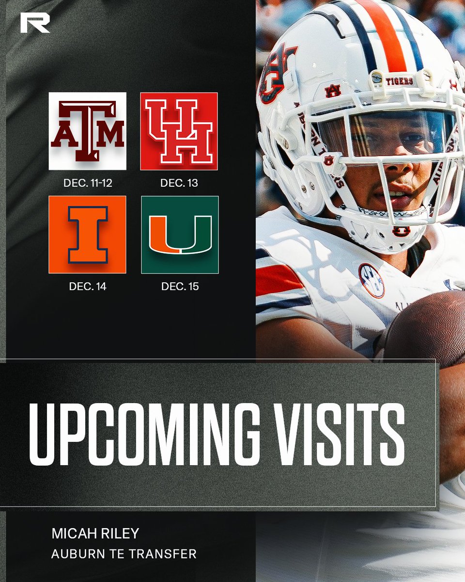 RivalsPortal's tweet image. Auburn TE transfer Micah Riley begins a series of visits tomorrow