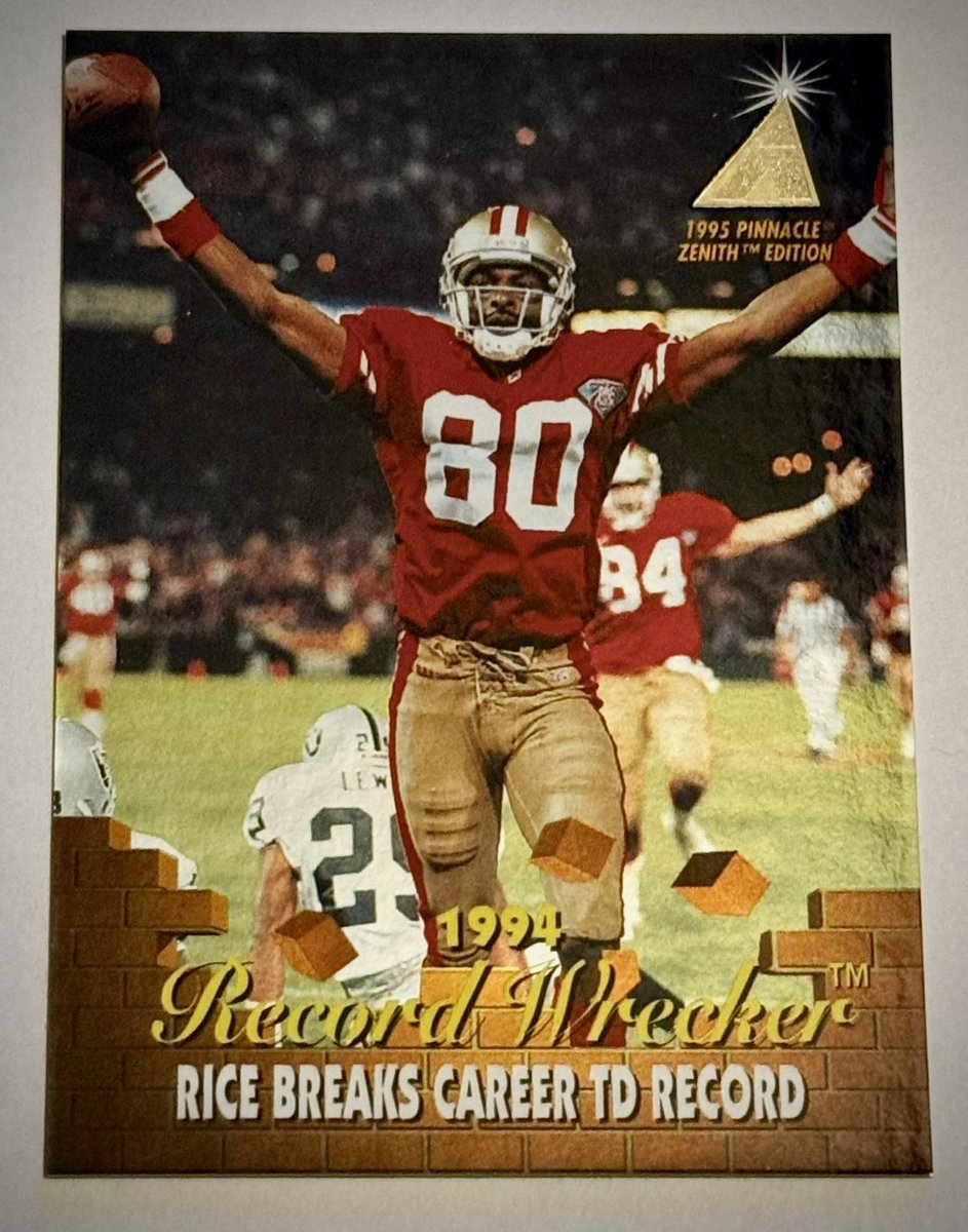 sharkclc1's tweet photo. Took me long enough to post a card of my favorite NFL player π. This one isnβt worth much, but it is special. 1995 Zenith Jerry Rice Record Wrecker #Z98. I remember this moment well. Got up and walked slowly out of the end zone. Most TDβs ever. WR π. #thehobby #NFL https://t.co/KobyWR661i