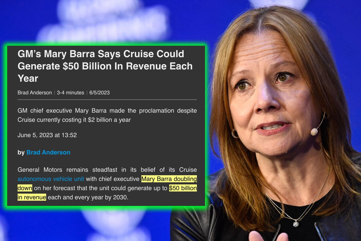 Before everyone moves on to the next thing, never forget Mary Barra told investors Cruise would be making $50B in revenue EVERY YEAR by 2030

FIFTY BILLION

In reality, Cruise ended up losing over $10B and will now no longer exist as a robotaxi company

It's stuff like this why