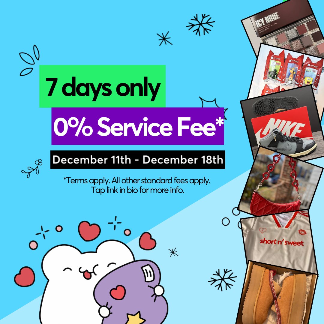 7 days of 0% Service Fee* starts today! Enjoy amazing deals across all categories from trusted sellers PLUS a 0% Service Fee on us. Don’t miss out—this offer expires December 18 at 11:59AM PST. 📷 *Terms apply. Payment processing fee, buyer-paid shipping cost, and taxes are still