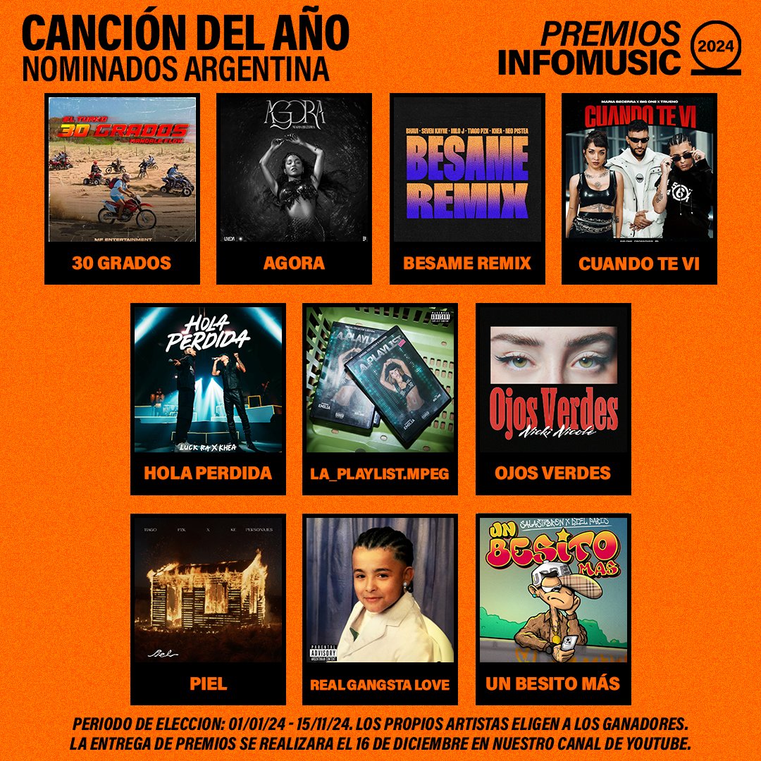 🏆 Nominados a CANCIÓN DEL AÑO ARGENTINA - #PremiosInfoMusic2024

• "30 Grados"
• "Agora"
• "Besame Remix"
• "Cuando Te Vi"
• "Hola Perdida"
• "La_Playlist.mp3"
• "Ojos Verdes"
• "Piel"
• "Real Gangsta Love"
• "Un Besito Más"

El ganador será anunciado el 16 de