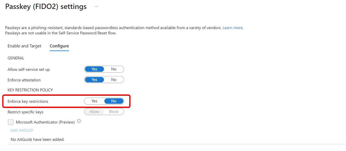 Hey, Entra ID admins. Do you have Passkey (FIDO2) enabled, and does your setting look like this? Early next year, Passkey in Authenticator will be enabled automatically.

If that's okay, sit back and relax while your users become phishing-resistant. If not, please act now!