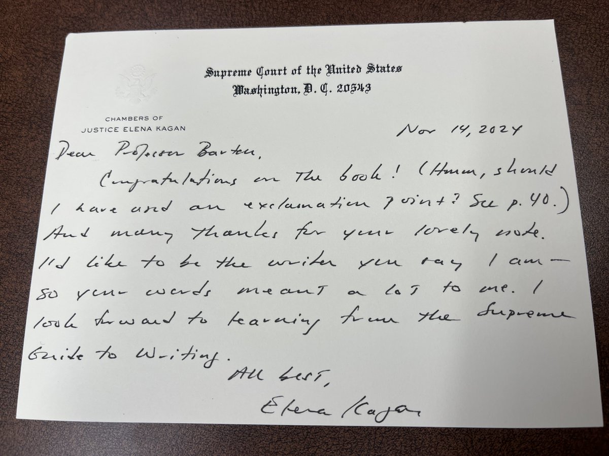 JillSBarton's tweet photo. I was thrilled to receive a note from U.S. Supreme Court Justice Elena Kagan congratulating me on my new book. True to form, she shared a witty remark about an exclamation mark. Curious if you write like a Supreme Court justice? Take a pop quiz at https://t.co/nxW0BuX6uz. https://t.co/tfPmwOJ5nr