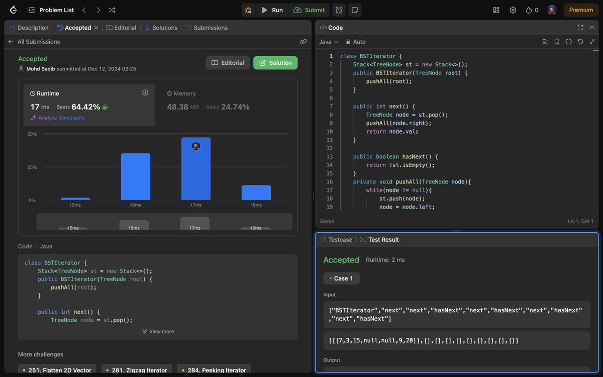 Mohd_Saqib_'s tweet image. ๐ Day 143 of #180DaysOfCoding ๐
โ
173. Binary Search Tree Iterator (Revised)
Revisited the BST Iterator problem today, implementing the next() and hasNext() functions with an optimized approach. ๐ณ
#BinarySearchTree #BST #LeetCode #Java #DSA #100DaysOfCode #letsconnect