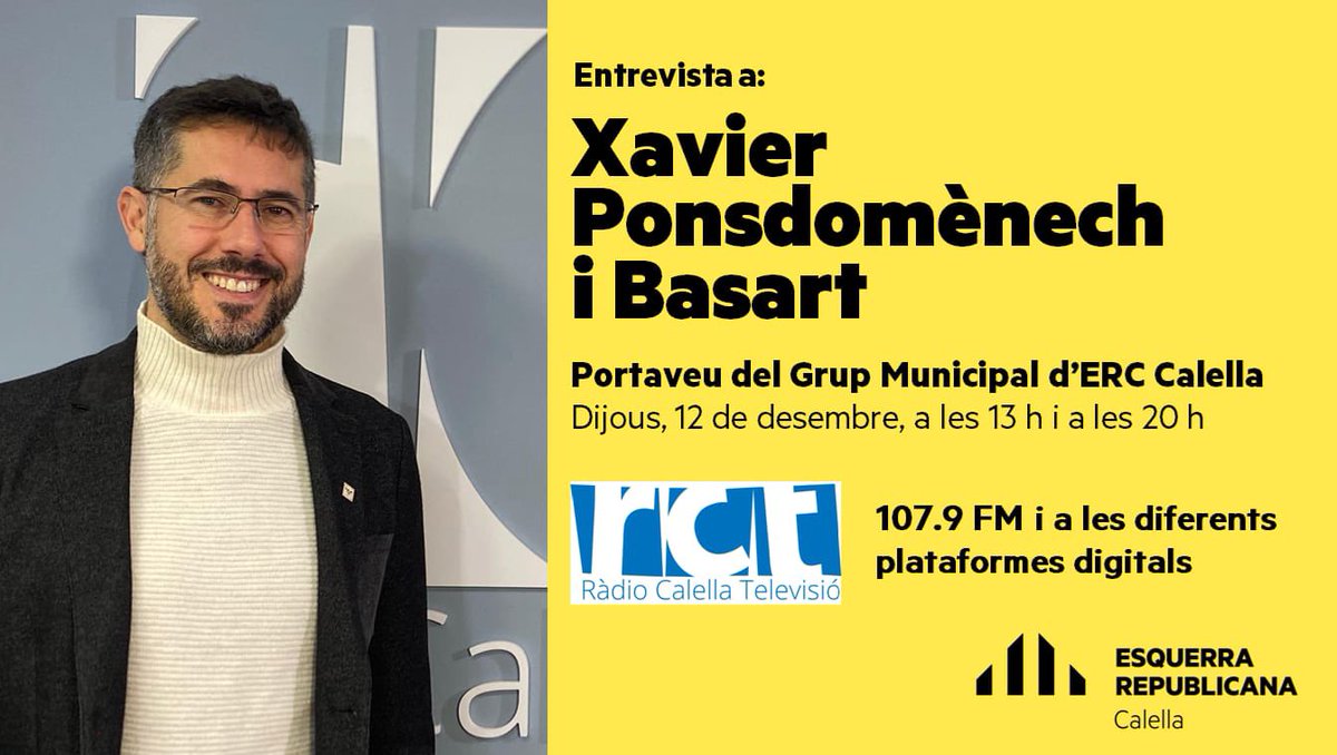 ERCCalella's tweet photo. 🗣”L'Entrevista Política" curta i directa a Ràdio Calella Televisió🎙
📅 Quan? 📌 Dijous 12 de desembre
🕐 A les 13 h i a les 20 h
📻 A la 107.9 FM o a les diferents plataformes digitals de RCTv
#transformemcalella🦋 #calella #erccalella #entrevista https://t.co/P0DVthVUxt
