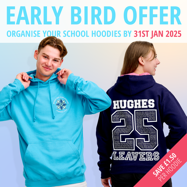 Our 2025 Early Bird Offer is on now! Organise your 2025 school leavers hoodies before 31st January 2025 to save money for your group. 😎🥳

Get at instant quote 🚀 (and lock in your prices!) - leavershoodies.com/get-started

#LeaversHoodies #2025 #ClassOf2025 #Leavers2025