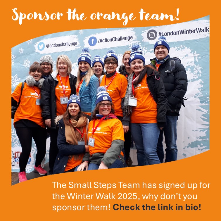 SmallStepsTweet's tweet image. On Saturday 25th January 2025, a group of 28 amazing people will be taking part in the Winter Walk - could you sponsor the Orange team here fundraising.smallsteps.org.uk/fundraising/sm… or/and if you would like to be part of it too, just get in touch and email: info@smallsteps.org.uk.