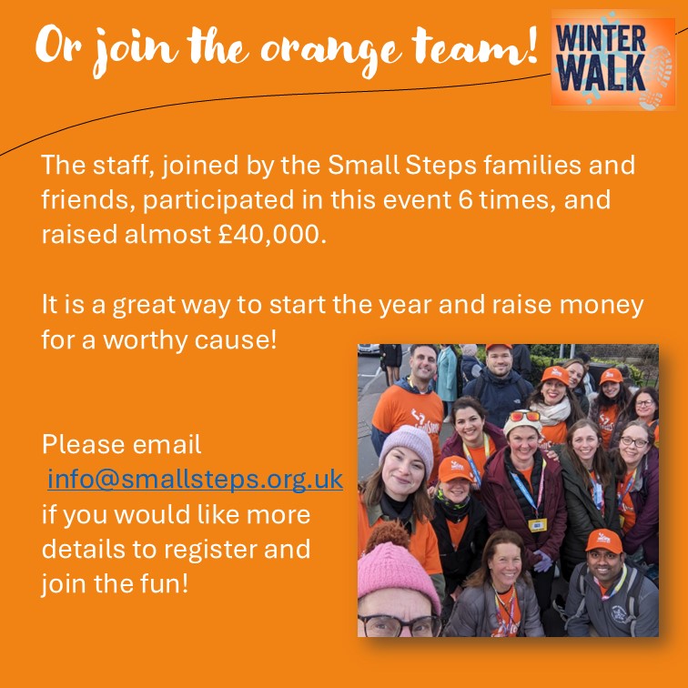SmallStepsTweet's tweet image. On Saturday 25th January 2025, a group of 28 amazing people will be taking part in the Winter Walk - could you sponsor the Orange team here fundraising.smallsteps.org.uk/fundraising/sm… or/and if you would like to be part of it too, just get in touch and email: info@smallsteps.org.uk.
