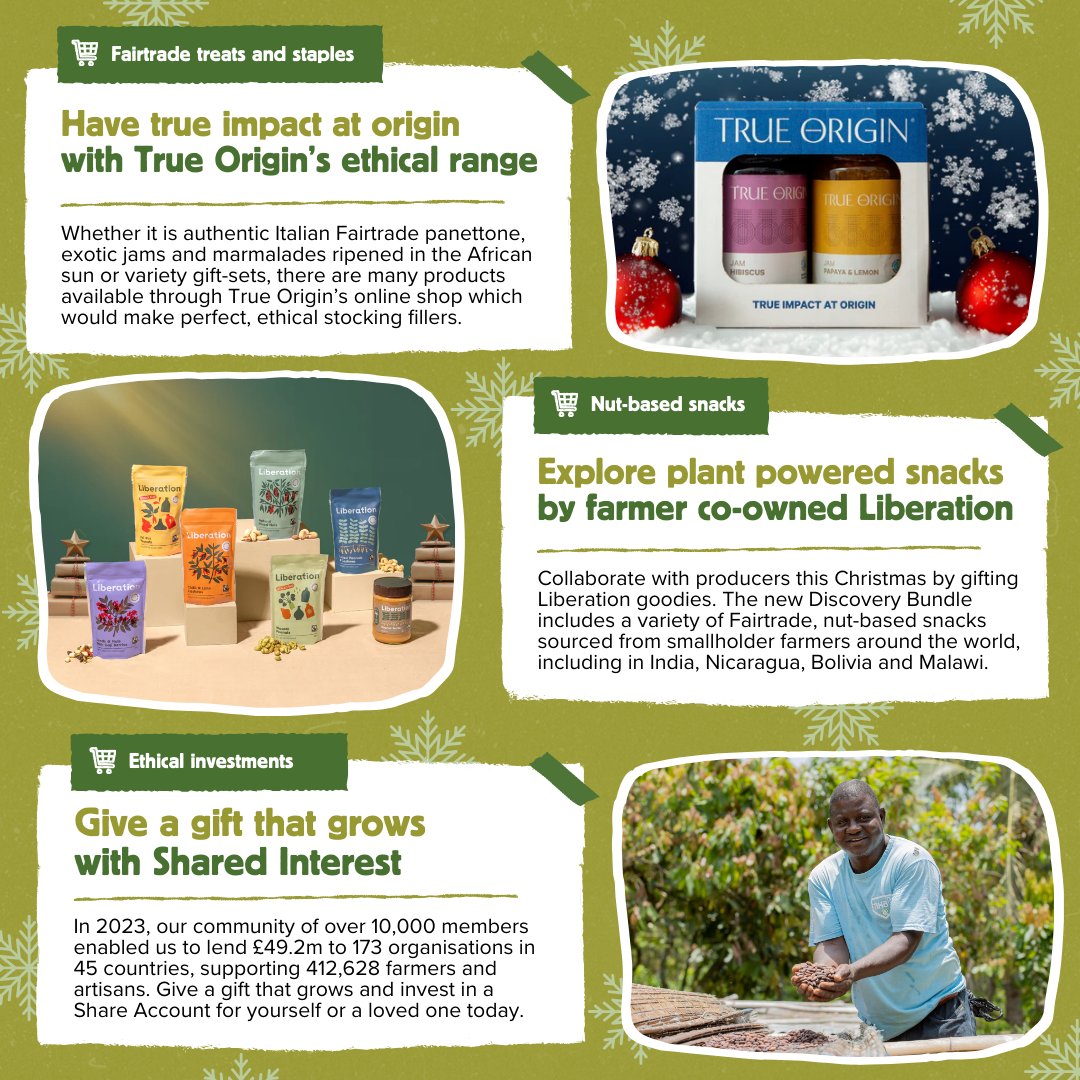 SharedInterest's tweet photo. In our new blog, we share an ethical gifting guide to inspire you to find perfect presents that do good around the globe: a gift that keeps on giving. But why is this important?
 
Christmas in the UK 🇬🇧
 
As a nation, every year, we waste £700 million on Christmas gifts that are unwanted. This translates into £42 million of presents thrown away on an annual basis.🙅‍♂️

This contributes to 114,000 tonnes of plastic packaging added to our landfills, the equivalent of 650,000 reindeer! 🚮
 
So, why choose an ethical gift? 
 
 🏘️ Empower communities
 🛍️ Positively influence consumption habits
 📈 Support local businesses
 🌎 Protect the environment
 💎 Give gifts that last
 💚 Become a conscious consumer
 
Our ethical gifting guide features a range of products sourced from all corners of the globe, including divinely different chocolates by @divinechocolate; speciality festive coffee blends and experiences by @OwensCoffee, ; Fairtrade treats, giftsets and staples by @TrueOriginFood, plant powered nut-based snacks by @EatLiberation, upcycled bags combatting Ghana's plastic-waste crisis by @TrashyBags and ethical investment opportunities to give a gift that grows with @SharedInterest.
 
Read our blog and find the perfect, ethical gift:
https://t.co/EU3AMsgHqA
 
Invest with us and give a gift that grows:
https://t.co/5Wrm0M6Ynd 
 
#investinafairerworld #forjusticenotprofit #fairtrade #financewithahumanface #ethicalgifts #ethicalpresents #christmasshopping #greenchristmas