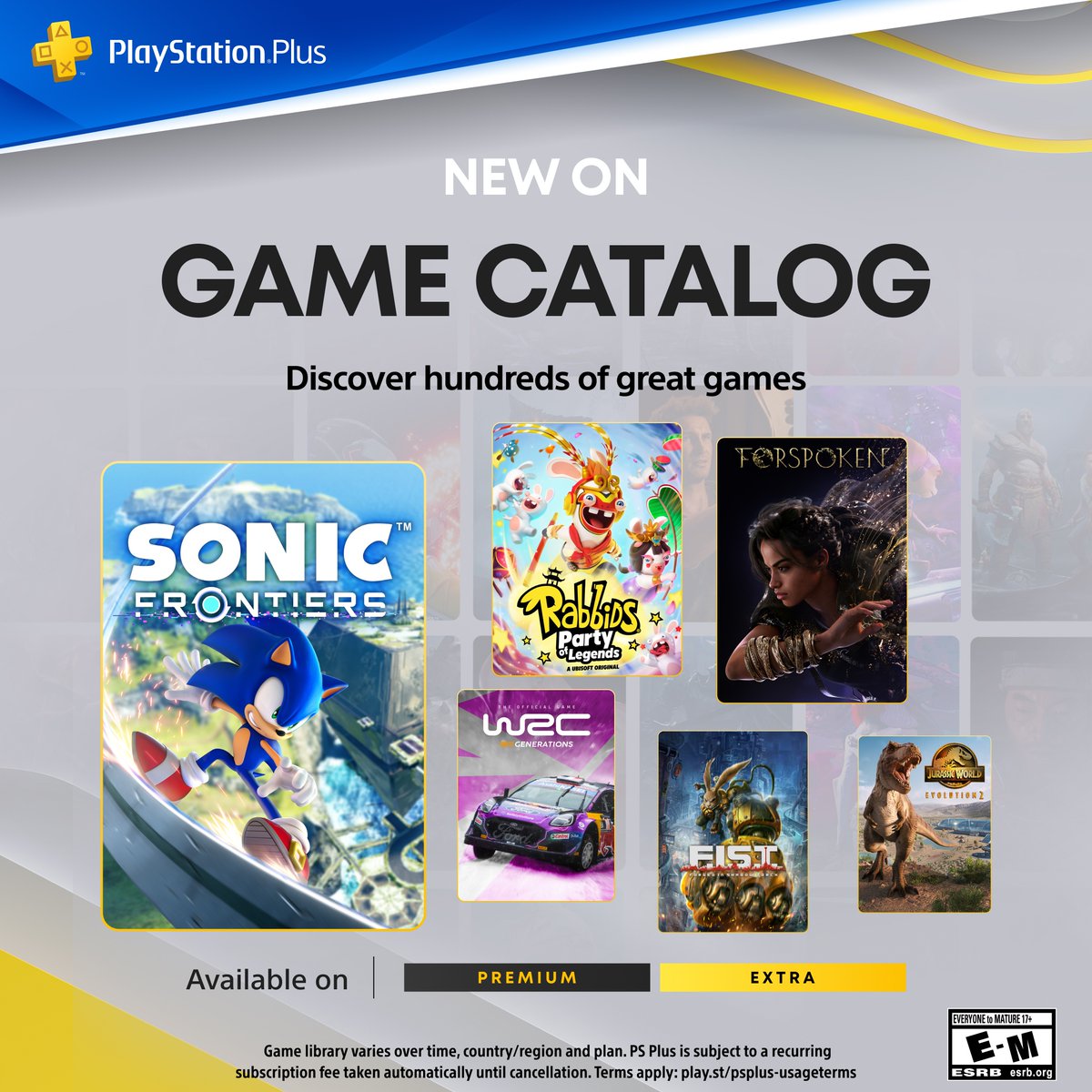 PlayStation's tweet photo. The PlayStation Plus Game Catalog for December includes: 

🔵 Sonic Frontiers 
🔮 Forspoken
🐰 Rabbids: Party of Legends
🏎️ WRC Generations
🥊 F.I.S.T.: Forged In Shadow Torch

…and more. The full lineup: https://t.co/IuYx300RVi https://t.co/gRWXZDEYhc