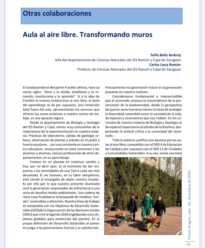 IesCajal's tweet photo. Sofia Bello y Carlos Liesa, profes de #biogeo, comparten su experiencia de “Aula al aire libre” en la revista @RevForumAragon. @SofibelamBG https://t.co/PV6t1QlUxy
