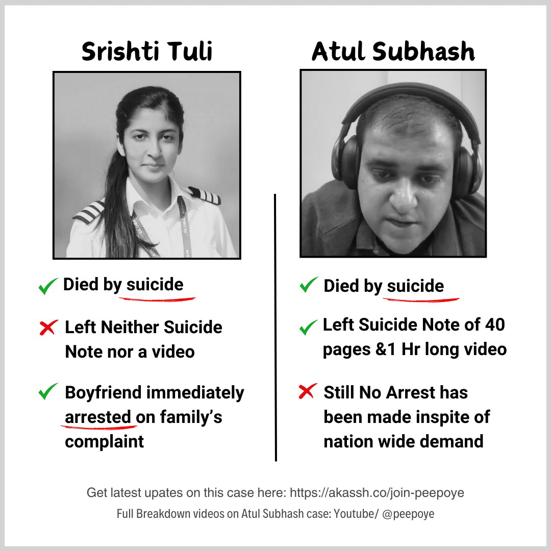 peepoye_'s tweet photo. Srishti Tuli vs. Atul Subhash:
Same tragic end, two different responses.

✅ Srishti left NO note or video, but her boyfriend was ARRESTED immediately.
❌ Atul left a 40-page note & 1-hour video, yet NO arrests have been made.

Why does the law see genders, not facts? 💔
#JusticeForAtul #Equality #GenderBias