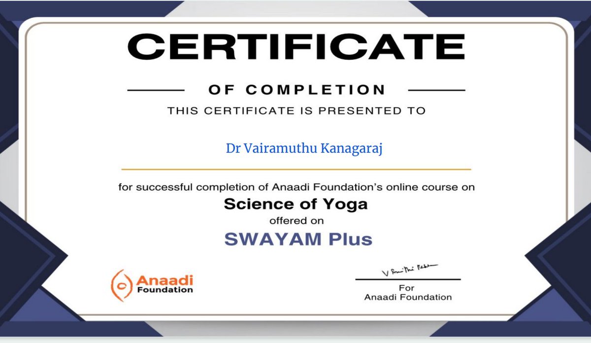 DrVairamuthuK's tweet photo. I’m happy to share that I’ve obtained a new certification: Science of Yoga from @SWAYAMMHRD Plus
This envisions to transform professional development journeys of learners by providing access to best learning content and growth opportunities
#scienceofyoga https://t.co/x0WQvqmTS1