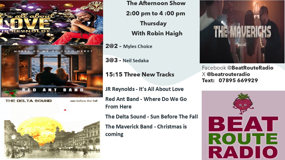 robinhaigh's tweet photo. Please Join me Thursday Afternoon's 2pm to 4 pm
https://t.co/PNYqYnJrhB
12 th December 14:00 to 16:00
Send your music requests in ..
Email - Studio@beatrouteradio.co.uk
Text – 07895 669929
2@2 – Myles Choice
3@3 – Neil Sedaka
New Music 15:15 https://t.co/4UOhjImLK8