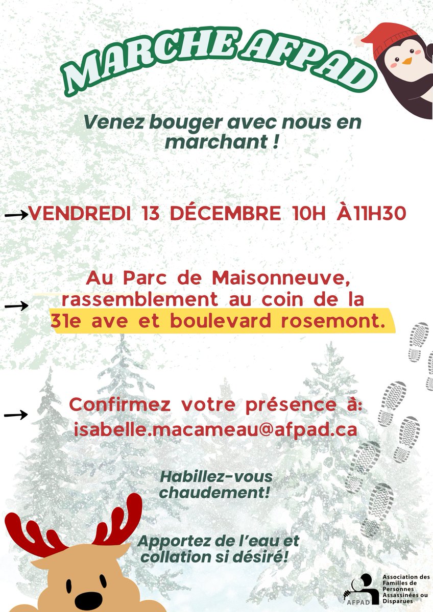 afpad's tweet photo. Bonjour à tous !

Ceci est un dernier rappel que vendredi qui vient, le 13 décembre, nous allons marcher au Parc de Maisonneuve de 10h à 11h 30! Vous trouverez tous les détails dans l'affiche ci bas. Il y a du stationnement dans les rues avoisinantes!

À bientôt! https://t.co/mYOoJyNTgf
