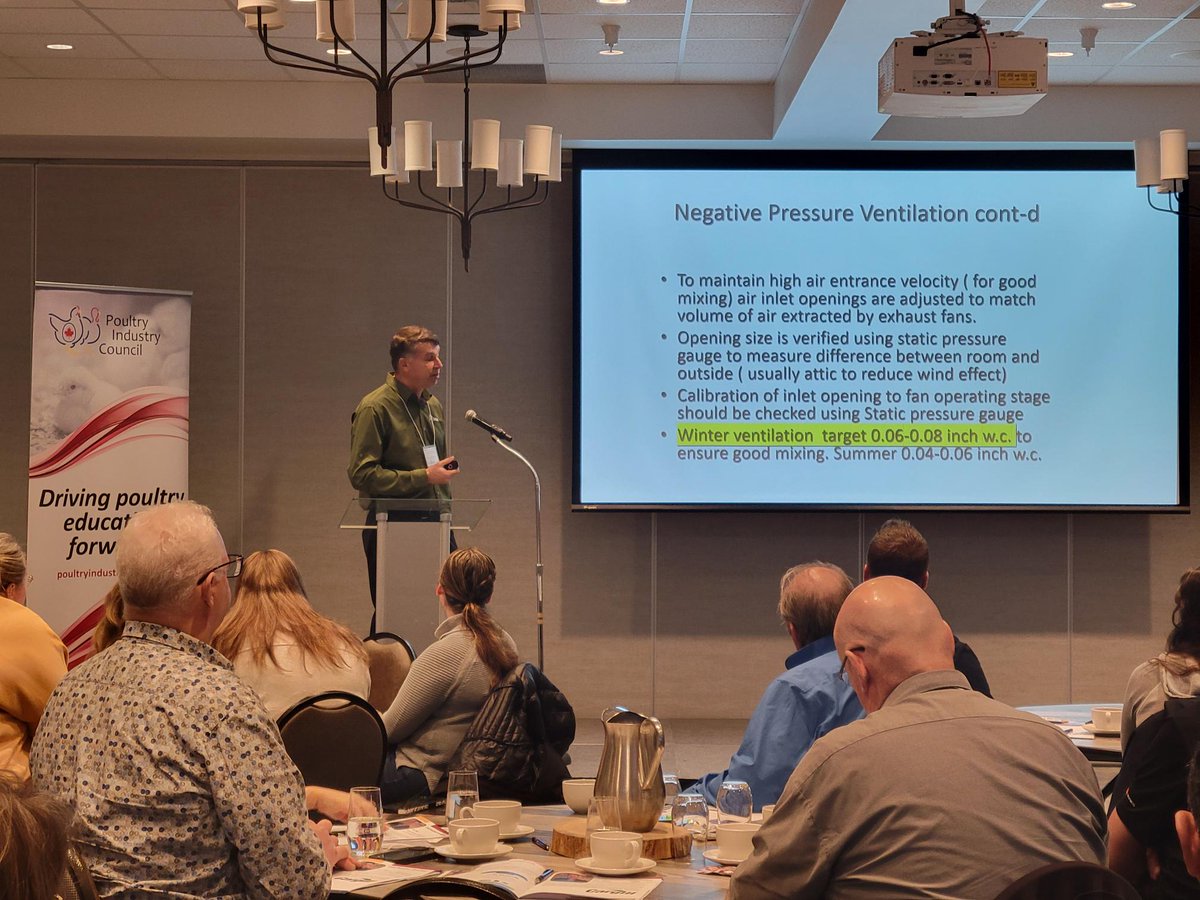 PoultryIndCou's tweet photo. Today’s #ProducerUpdate is packed! A sold-out room of broiler producers and industry pros kicked off the morning with insights on Ontario broiler health trends from a local vet and expert tips on managing barn ventilation from OMAFA’s poultry engineer. 🐓👏 #OntarioPoultry https://t.co/d08yPN45US
