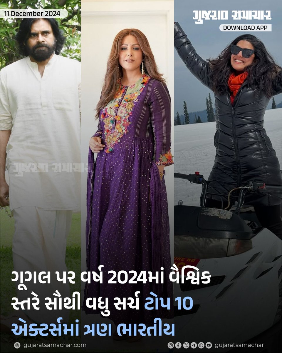 gujratsamachar's tweet photo. વર્ષ 2024માં ગૂગલ પર વૈશ્વિક સ્તરે સૌથી વધુ સર્ચ કરાયેલા ટોપ 10 એક્ટરની યાદીમાં અમેરિકન કોમેડિયન અને એક્ટર કેટ વિલિયમ્સ પ્રથમ સ્થાને છે. આ યાદીમાં ત્રણ ભારતીય પણ છે, જેમાં પવન કલ્યાણ બીજા, હિના ખાન પાંચમા અને નિમરત કૌર આઠમા ક્રમે છે.
#Google #Topsearch #Pawankalyan #Hinakhan #Nimratkaur #Gscard #GujaratSamachar