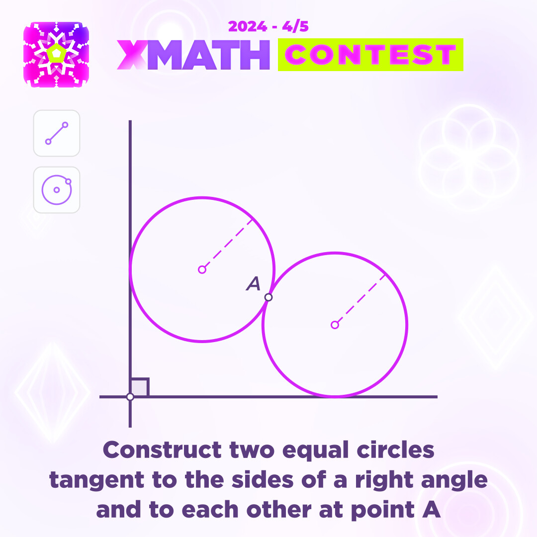 euclidea_app's tweet image. ❄️ Xmath Contest 2024 - 04

🎓 Given a right angle and the point A inside it. Construct two equal circles tangent to the sides of the angle and to each other at A.

Details about the contest see in comments 👇 #euclidea #xmath