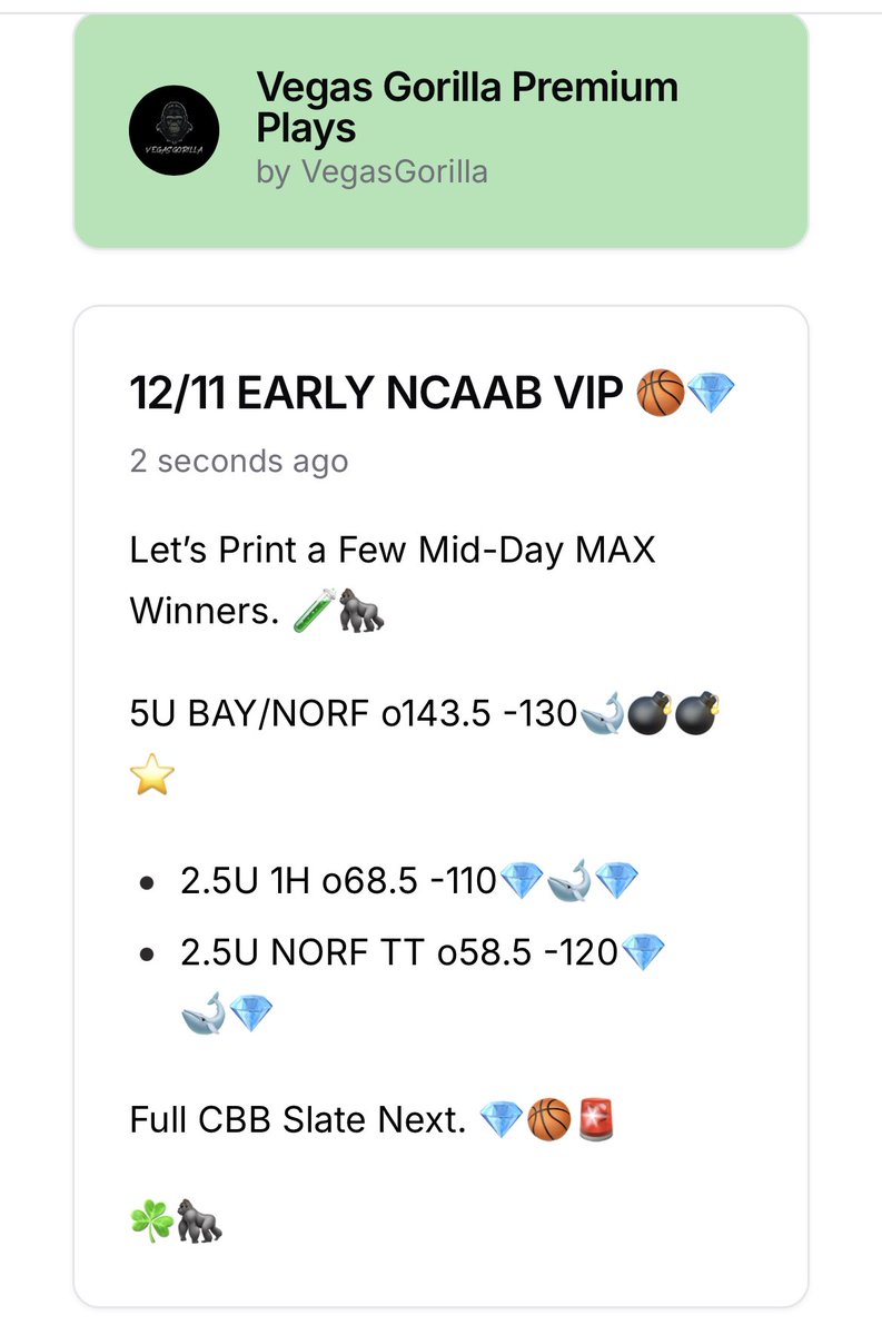 vegas_gorilla's tweet photo. EARLY 12/11 NCAAB VIP FREE PLAYS🏀💎🚨

RUN IT UP IF TAILING THE JUNGLE.💰
🧪🦍🔥

⬇️⬇️⬇️⬇️⬇️⬇️⬇️

☘️🦍
#Gamblingtwitter #GamblingX #CBBPicks #CBBBets #NCAABbetting https://t.co/h18J4PP8gM