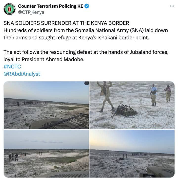 Abaassulayman's tweet photo. #DEGDEG: Sida ay ku dhawaaqday Waaxda la dagaalanka Argagixisada u qaabilsan Kenya, firxadka Boqolaal kamid ah ciidamada xoogga dalka SNA ayaa isku dhiibay ciidanka Kenya, kuwaas oo ka gudbay deegaanka Ishakani oo ah deegaan xaduud u dhaxaysa labada dal ee Soomaaliya & Kenya.

Ciidamada ayaa kamid ahaa Boqolaal ay DFS u daabushay Raaskambooni todobaadyadii u dambeeyey, Xassan Sheekhna uu 2 habeen kahor u sheegay wakiilada caalamiga ah in uu ku qabsanayo Kismaayo, oo aan wada hadal ka furneyn.