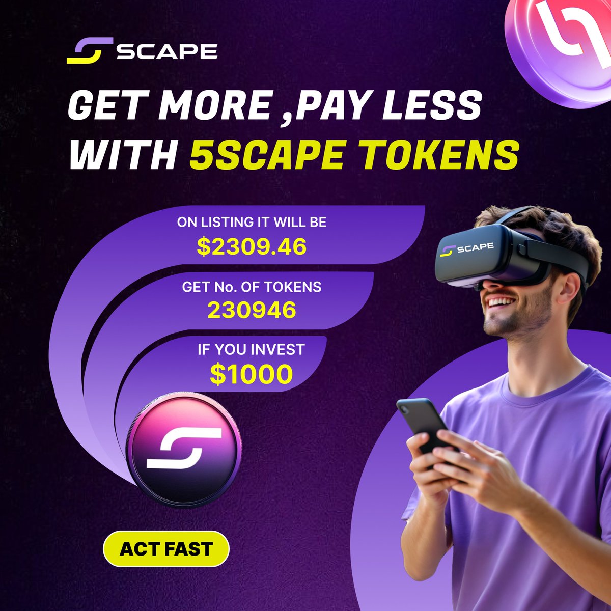 5th_scape's tweet photo. 🌟 Think beyond the present—imagine the potential.
5SCAPE tokens not only give you premium access to the world's first VR Ecosystem but also hold the potential for impressive value growth.
5SCAPE tokens give you unparalleled access to innovative VR games, mind blowing virtual experiences & exclusive discounts.
📷 Act fast—opportunities like this don’t come often!
📷 Secure your tokens now and be part of something groundbreaking.
Visit:- https://t.co/YNdJJ5AtXN

5SCAPE tokens give you unparalleled access to innovative VR games, mind-blowing virtual experiences & exclusive discounts.