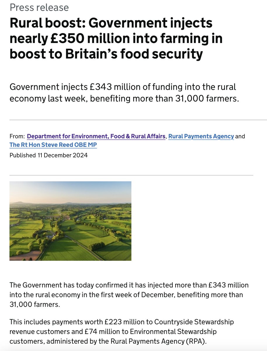 Hard to know where to begin with this release👇
a) This cash is not a "boost". It's cash farmers have ALREADY been promised. It's just (finally) arriving.
b) This is NOT for food security. The £343m is for schemes to protect the environment, often removing crops from fields