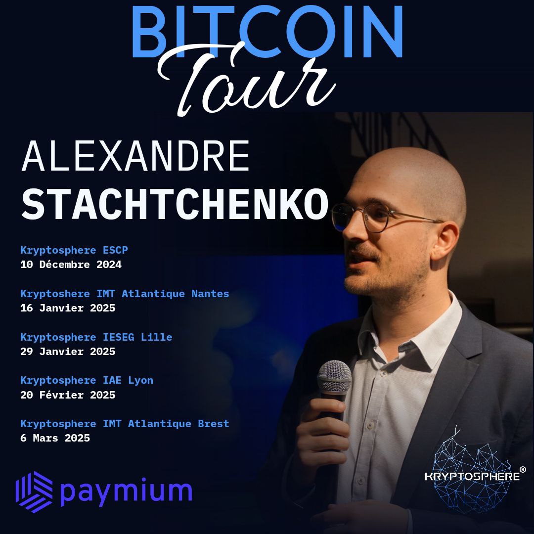 📢 Le Bitcoin Tour fait son grand retour avec <a href="/StachAlex/">Alexandre 'unhosted' Stachtchenko</a> !

Après deux années d’absence, KRYPTOSPHERE® relance le Bitcoin Tour, une série de conférences gratuites qui parcourra la France pour décrypter les enjeux économiques et sociaux du Bitcoin.

Alexandre Stachtchenko, expert