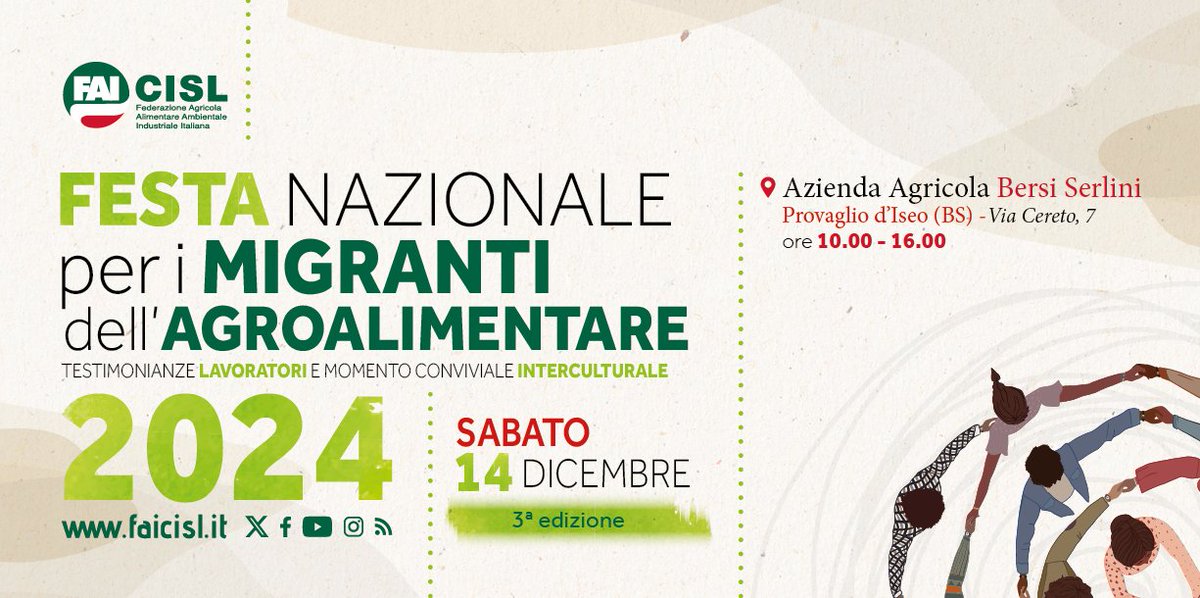 fai_cisl's tweet photo. #Lavoro e #intercultura: sabato #14dicembre in Franciacorta a Provaglio d'Iseo, la 3ª edizione della Festa nazionale #FaiCisl per i Migranti dell’Agroalimentare. Tra le iniziative, la presentazione dei volumi “Made in Immigritaly” e “Dossier Statistico Immigrazione 2024”.
👉 Sul nostro sito il programma dell'iniziativa, voluta dal sindacato anche per omaggiare la ricorrenza della Giornata Internazionale del #Migrante istituita dalle #NazioniUnite: https://t.co/MBvyN4GMCf