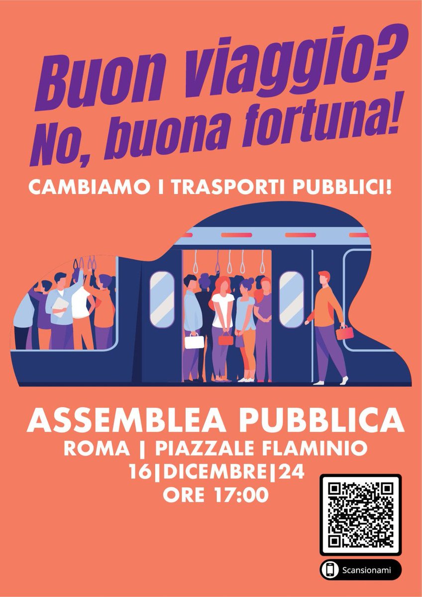 #SAVETHEDATE #16dicembre #piazzaleflaminio #trasportopubblico
Lunedi 16 è prevista assemblea pubblica di tutti i comitati firmatari della piattaforma per un confronto tra istituzioni, pendolari, associazioni, lavoratori e sindacati sui trasporti di Roma e del Lazio. Info QRcode