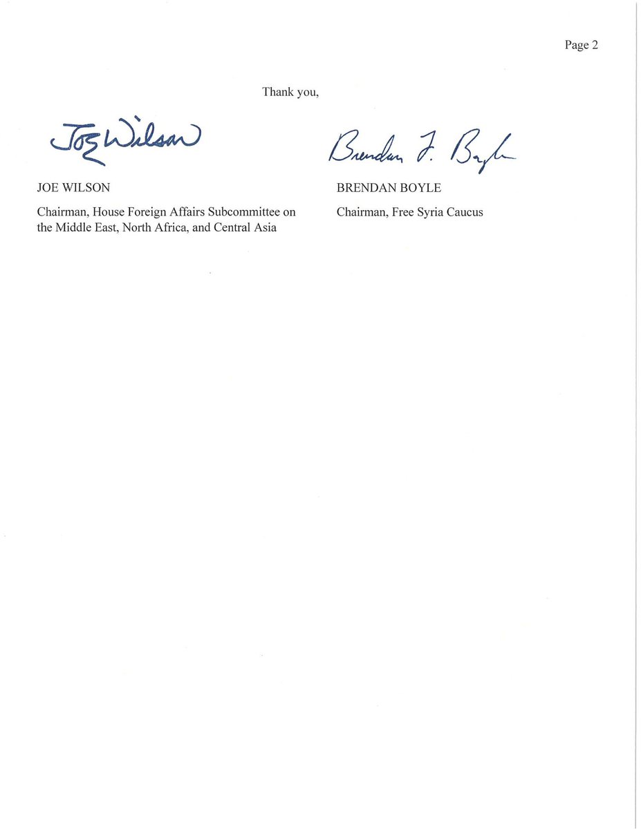 RepJoeWilson's tweet photo. Grateful to send a letter with @RepBrendanBoyle to @JakeSullivan46, @SecBlinken, and @SecYellen on Syria sanctions. #FreeSyria https://t.co/oAG4K2SAKD