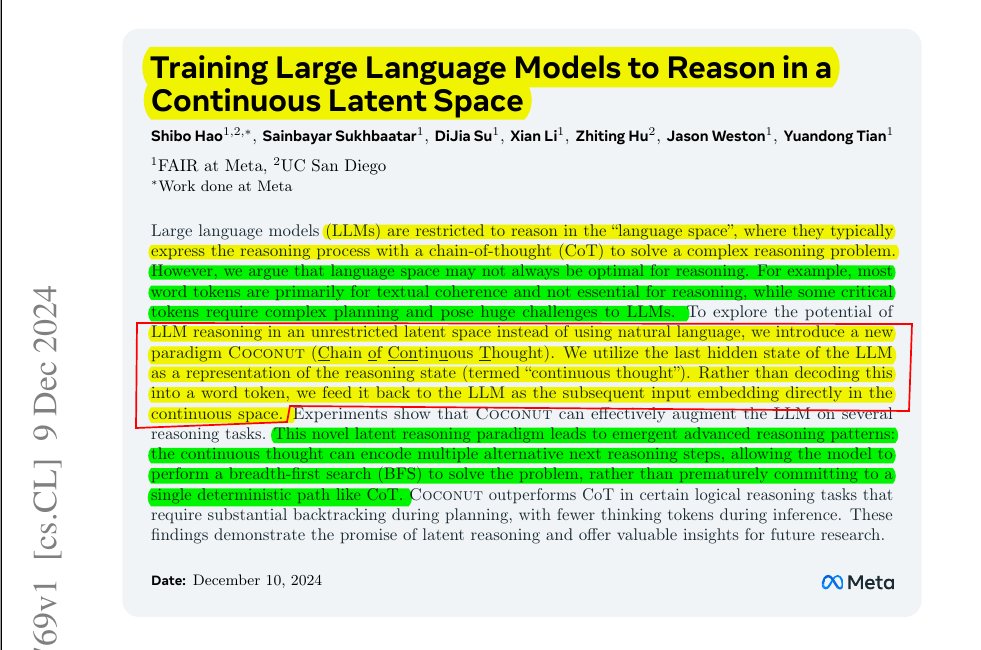 Brilliant paper from <a href="/Meta/">Meta</a> having the potential to significantly boost LLM's reasoning power.

Why force AI to explain in English when it can think directly in neural patterns?

Imagine if your brain could skip words and share thoughts directly - that's what this paper achieves
