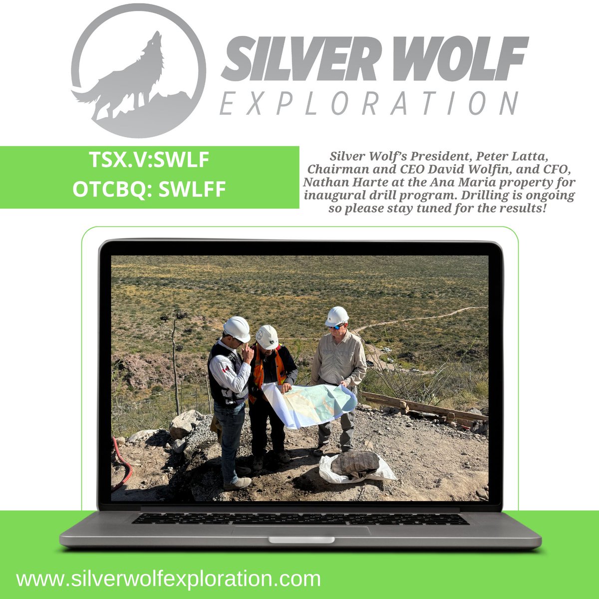 SWLFexploration's tweet image. Silver Wolf’s President, Peter Latta, Chairman and CEO David Wolfin, and CFO, Nathan Harte, at the Ana Maria property for inaugural drill program. 
#silverexploration #silverwolf #drillprogram #explorationinmexico #mininginMexico #explorationpotential #inauguraldrillprogram