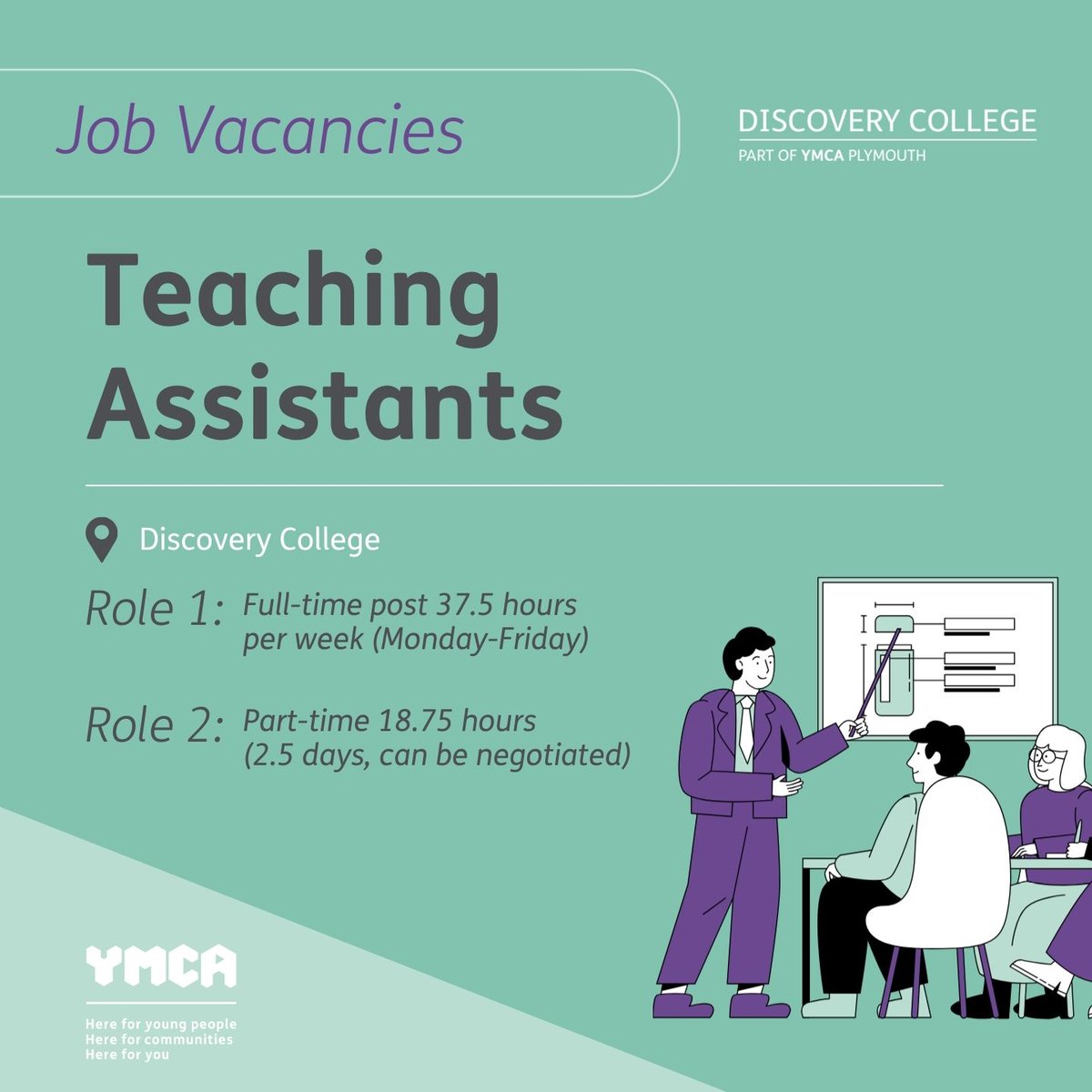 DiscoverYMCA's tweet photo. 𝑱𝒐𝒃 𝑽𝒂𝒄𝒂𝒏𝒄𝒊𝒆𝒔 📣
We're looking for two enthusiastic teaching assistants to join our Discovery College team👩‍🏫📚.

Role one: Full-time post 37.5 hours per week
Role two:  Part-time 18.75 hours 

To learn more about both roles visit 👇https://t.co/t3kh3RPl2H https://t.co/lSxaLpVCjJ