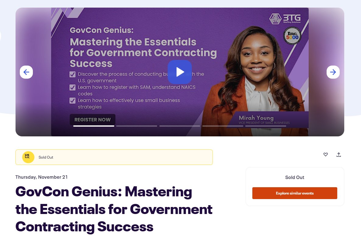 3tgss's tweet photo. 🚨 SOLD OUT 🚨 Our GovCon Genius webinar is full! 🎉 Thanks for your amazing support! 🙌 Follow us for updates on new dates &amp; more ways to level up your GovCon game! 💼🚀 #GovConGenius #WebinarSuccess https://t.co/MmmSbtgaCf