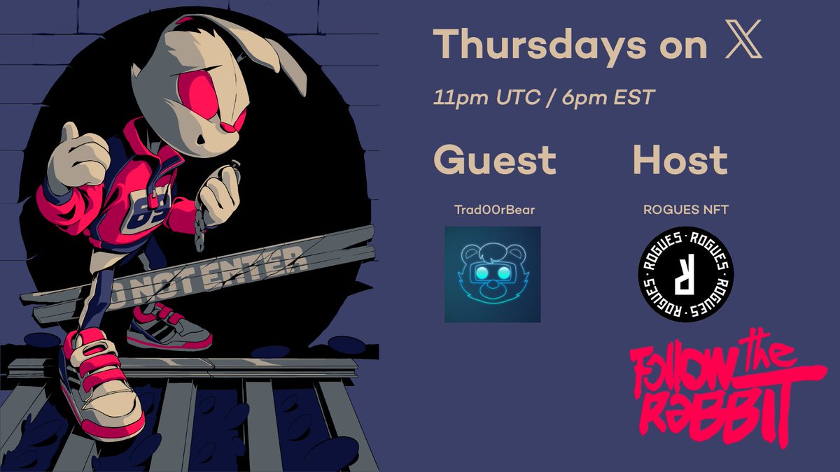 🐇 Follow the Rabbit—Ep. 3 🐇
Join our Space this Thursday at 11 PM UTC featuring our amazing guest:
👉 @trad00rbear
 
Host: <a href="/DegenFounder/">Degen Founder | 🐰🕳️</a>
Co-Hosts: @0xJcky &amp; <a href="/sevenlucasneves/">☁️ seveN</a>
 
🎙️ Space link below 👇