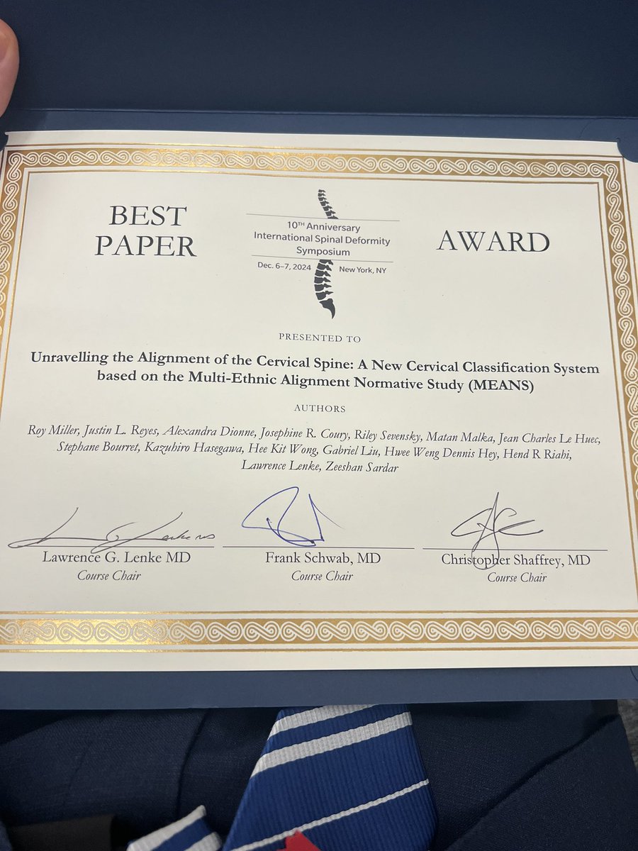 roymillerortho's tweet photo. It was an absolute pleasure to present our work on the cervical spine at this years 10th annual International Spinal Deformity Symposium and be honored as one of the top 3 best papers! 

THANK YOU to the team at Och Spine and @sardarspine for their guidance and mentorship! https://t.co/tj4XJiRIFh