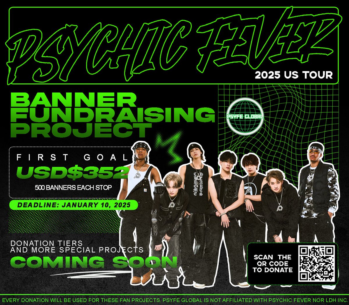 psyfe_global's tweet photo. [📢 ] BANNER FUNDRAISING PROJECT

Hi #ForEVERS! We are having a project to raise money for banners for ALL stops + a special project in NYC for #PSYCHICFEVER's 1st US TOUR!

Our first goal is $352 USD for 500 banners each stop

Please consider donating and/or sharing to help us reach our target and make this a reality!  💪
We plan to hit our goal by January 10!

(P.S. Donation tiers will be shared soon) Thank you! 💚

This is a non-profit project where all donation will be contributed towards fan projects. PSYFEGLOBAL is not affiliated with Psychic Fever and LDH INC

#PSYFE #PCF #ForEVER #PCF_1ST_USTOUR