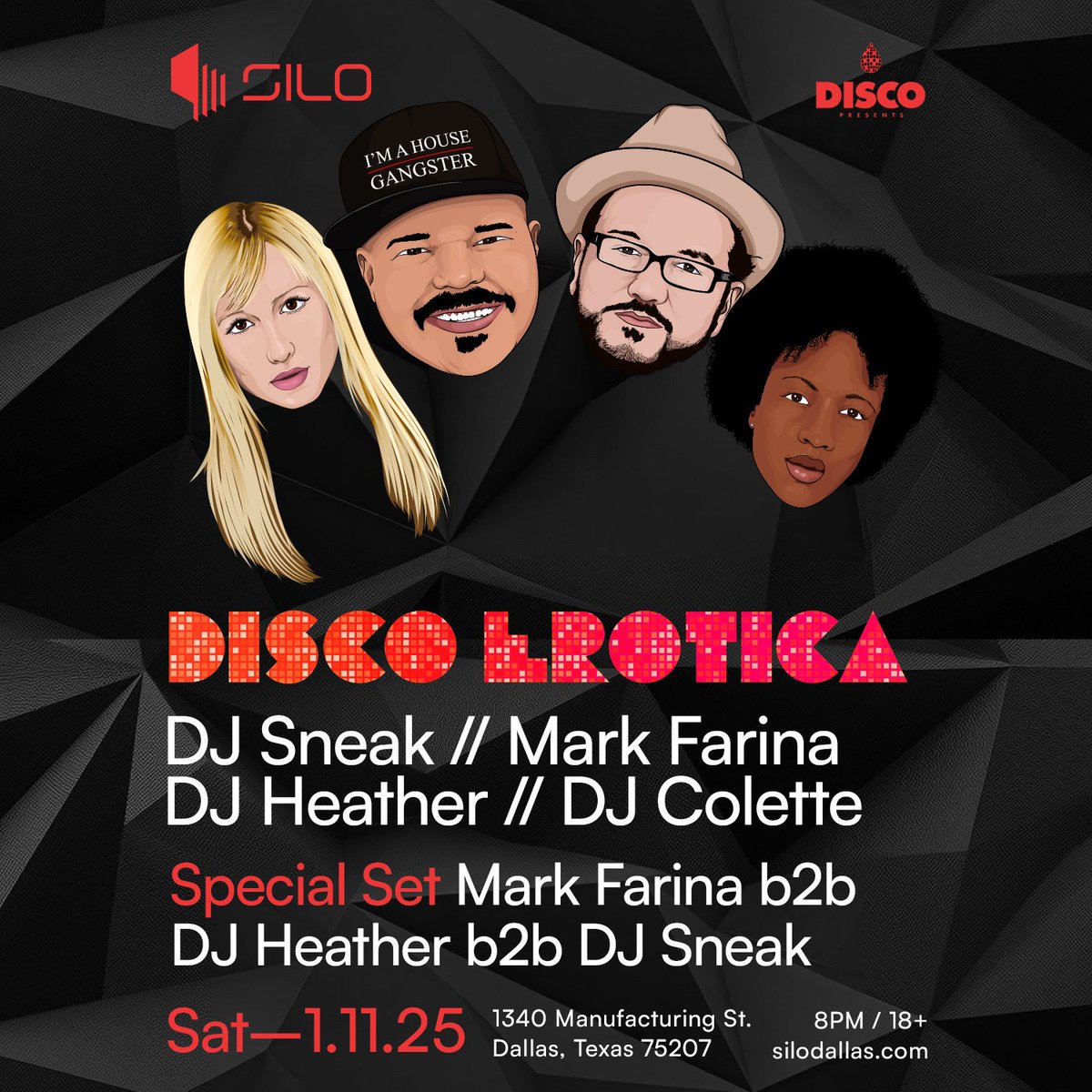 Disco Erotica ft. house legends @DJSneakBusiness <a href="/djmarkfarina/">Mark Farina</a> <a href="/djcolette/">Colette</a> &amp; <a href="/djheather/">SUBPOENA BURNAH</a> is on sale now 🪩💥Don’t miss the Chicago dream team at SILO Dallas on Sat, January 11th - see you there!

🎟→ hive.co/l/disco0111